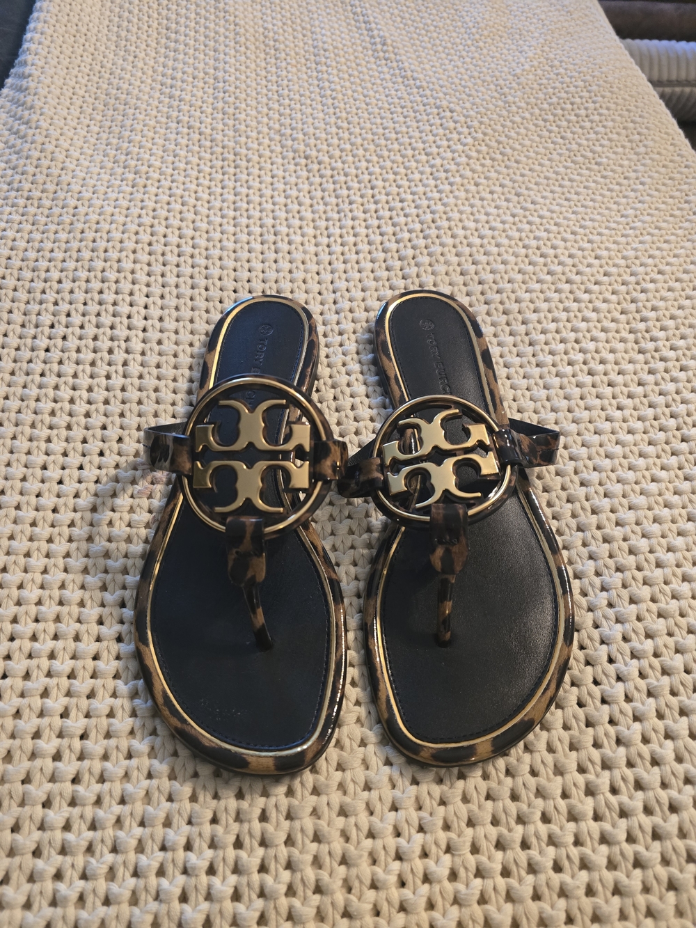 Tory Burch Black Footbed Tortoise Logo Thong Sandals